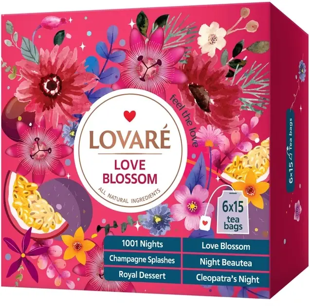 Набір чаю Lovare Love Blossom пакетований чай 6 видів по 15 штук у подарунковому пакованні