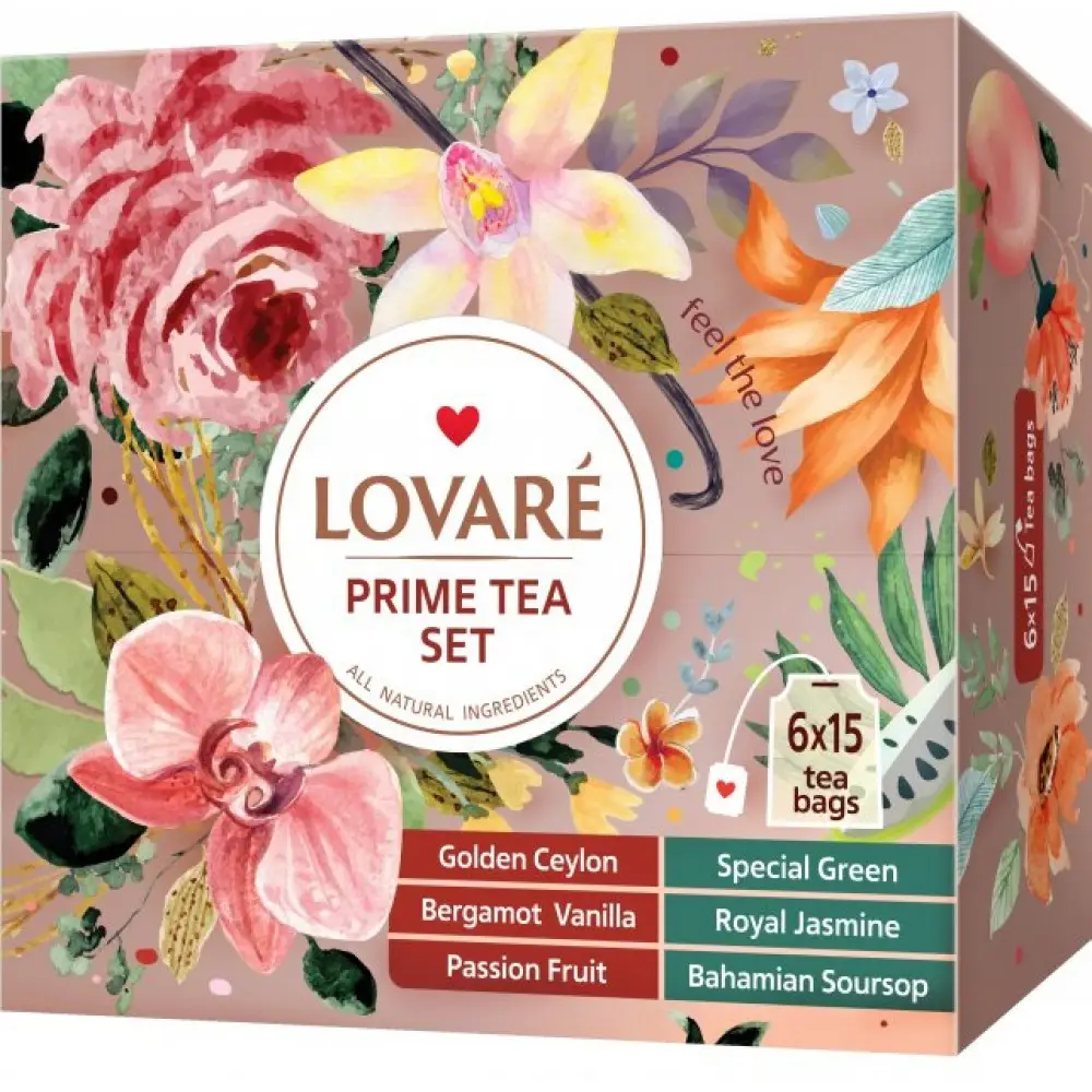 Набір чаю Lovare Prime Set  пакетований чай 6 видів по 15 штук у подарунковому пакованні