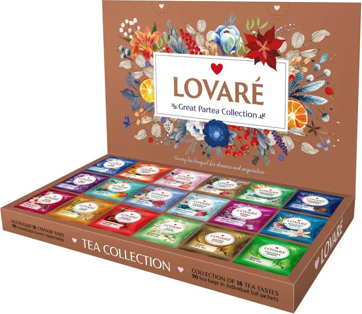 Lovare Tea Collection Great Party асорті 18 різновидів по 5 шт. у подарунковому пакованні